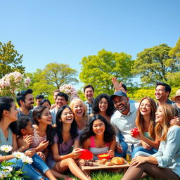 A vibrant scene filled with a diverse group of people sharing joyful moments in a sunny park