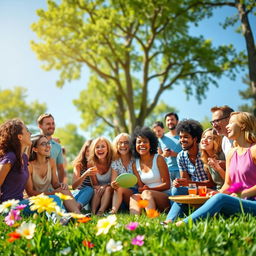 A vibrant scene filled with a diverse group of people sharing joyful moments in a sunny park