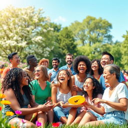 A vibrant scene filled with a diverse group of people sharing joyful moments in a sunny park