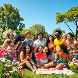 A vibrant scene filled with a diverse group of people sharing joyful moments in a sunny park