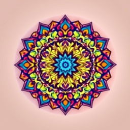 A stunning and intricate mandala-style circle design, filled with vivid colors and geometric patterns, featuring elegant floral motifs and symmetrical shapes that radiate harmony and balance