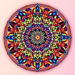 A stunning and intricate mandala-style circle design, filled with vivid colors and geometric patterns, featuring elegant floral motifs and symmetrical shapes that radiate harmony and balance