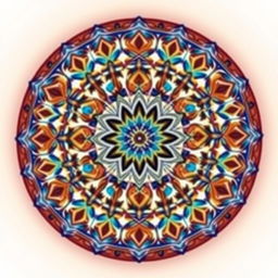 A stunning and intricate mandala-style circle design, filled with vivid colors and geometric patterns, featuring elegant floral motifs and symmetrical shapes that radiate harmony and balance
