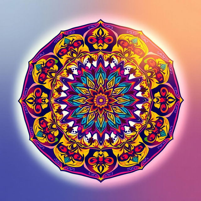 A stunning and intricate mandala-style circle design, filled with vivid colors and geometric patterns, featuring elegant floral motifs and symmetrical shapes that radiate harmony and balance