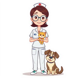 A standing woman in a nurse uniform, wearing circle glasses, is holding a small, friendly cat in her arms, while a medium-sized dog is sitting beside her on the ground