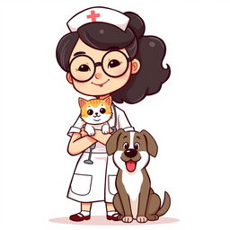 A standing woman in a nurse uniform, wearing circle glasses, is holding a small, friendly cat in her arms, while a medium-sized dog is sitting beside her on the ground