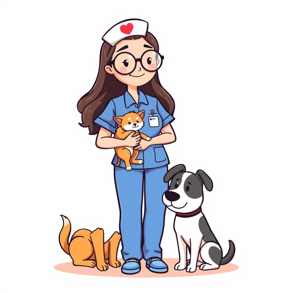 A standing woman in a nurse uniform, wearing circle glasses, is holding a small, friendly cat in her arms, while a medium-sized dog is sitting beside her on the ground