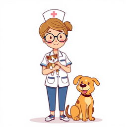 A standing woman in a nurse uniform, wearing circle glasses, is holding a small, friendly cat in her arms, while a medium-sized dog is sitting beside her on the ground
