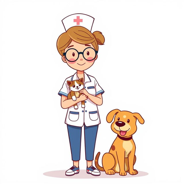 A standing woman in a nurse uniform, wearing circle glasses, is holding a small, friendly cat in her arms, while a medium-sized dog is sitting beside her on the ground