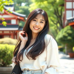 A beautiful Japanese university student with large, round breasts, embodying charm and a playful spirit