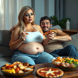 A beautiful, curvy 18-year-old blonde girl with a thin face and large round soft breasts is sitting on a couch