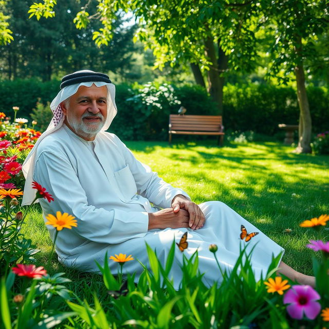 An elderly man sitting peacefully in a lush green garden, surrounded by colorful flowers and butterflies