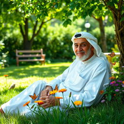 An elderly man sitting peacefully in a lush green garden, surrounded by colorful flowers and butterflies