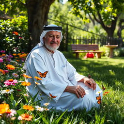 An elderly man sitting peacefully in a lush green garden, surrounded by colorful flowers and butterflies