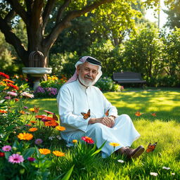 An elderly man sitting peacefully in a lush green garden, surrounded by colorful flowers and butterflies