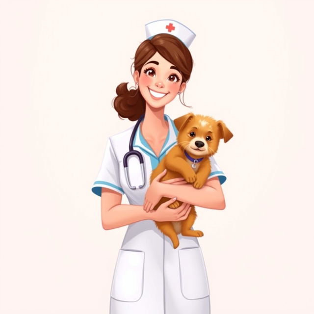 A digital illustration of a standing woman dressed in a nurse uniform, with a friendly expression, holding a small cat and a dog in her arms