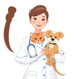 A digital illustration of a standing woman dressed in a nurse uniform, with a friendly expression, holding a small cat and a dog in her arms
