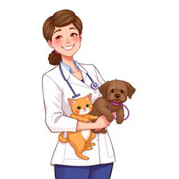 A digital illustration of a standing woman dressed in a nurse uniform, with a friendly expression, holding a small cat and a dog in her arms