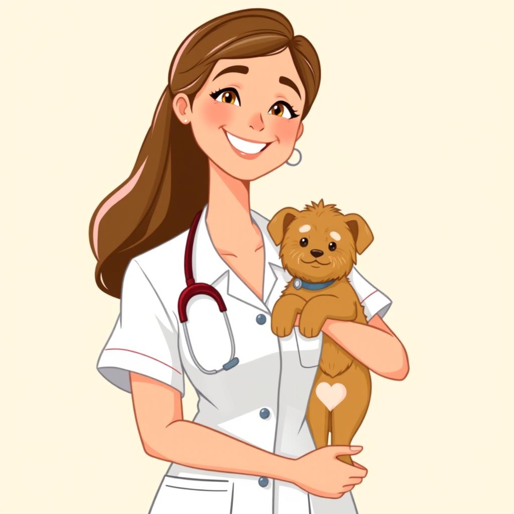 A digital illustration of a standing woman dressed in a nurse uniform, with a friendly expression, holding a small cat and a dog in her arms