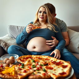 A beautiful, curvy 18-year-old blonde girl with a thin face and large round soft breasts is sitting on a couch