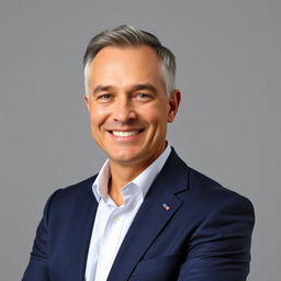 A professional LinkedIn profile photo featuring an adult man dressed in smart business attire, such as a navy blue suit and a crisp white shirt, standing against a neutral gray background