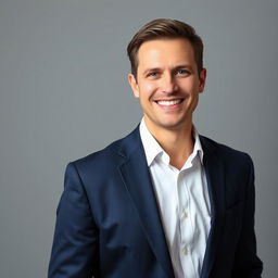 A professional LinkedIn profile photo featuring an adult man dressed in smart business attire, such as a navy blue suit and a crisp white shirt, standing against a neutral gray background