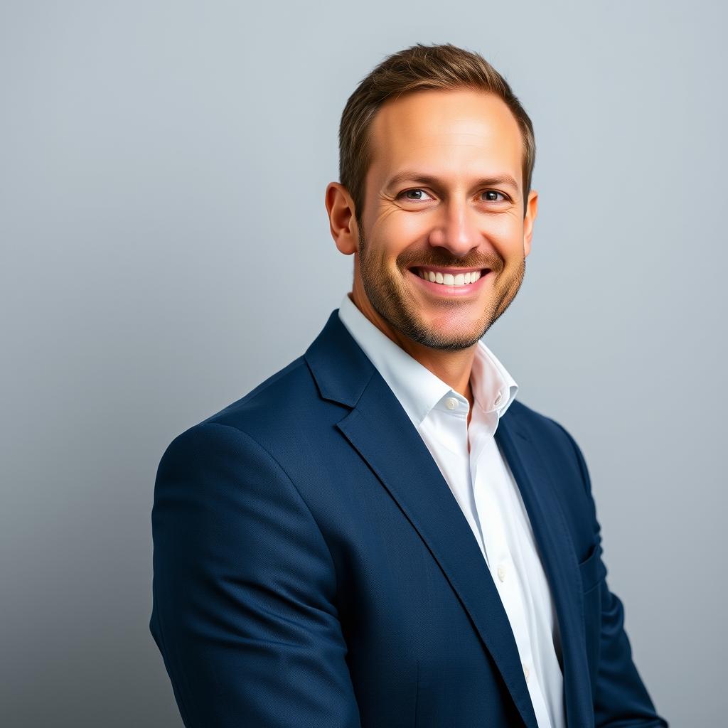 A professional LinkedIn profile photo featuring an adult man dressed in smart business attire, such as a navy blue suit and a crisp white shirt, standing against a neutral gray background