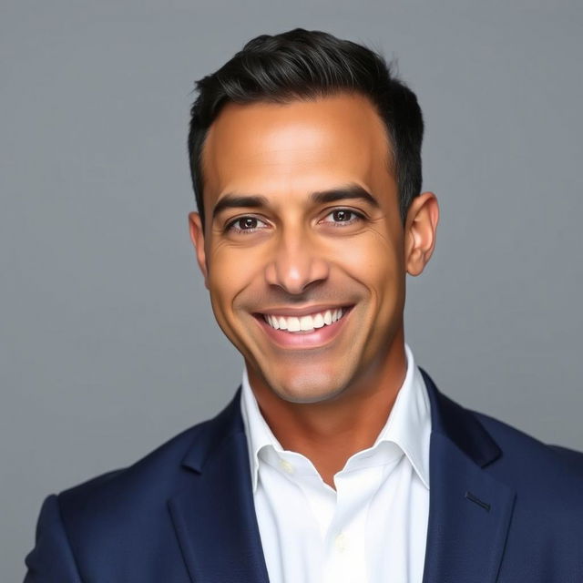 A professional LinkedIn profile photo featuring an adult man dressed in smart business attire, such as a navy blue suit and a crisp white shirt, standing against a neutral gray background