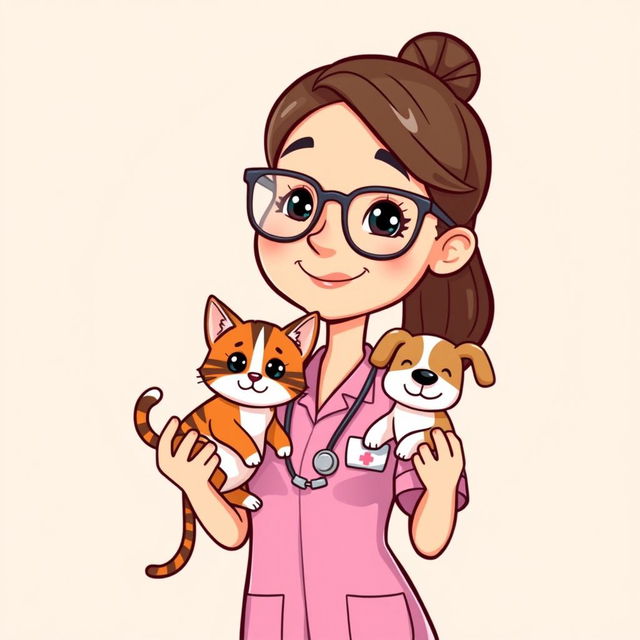 A cartoon illustration of a standing woman wearing glasses and a nurse uniform