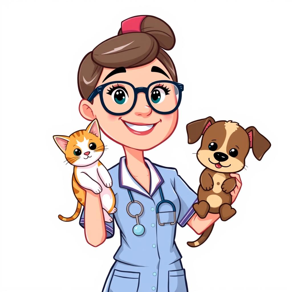 A cartoon illustration of a standing woman wearing glasses and a nurse uniform