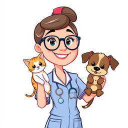 A cartoon illustration of a standing woman wearing glasses and a nurse uniform