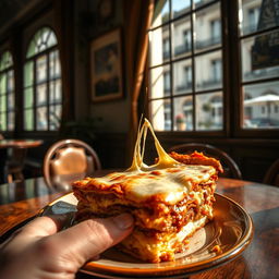A serene scene of a cozy cafe in Paris, capturing a close-up of a hand reaching for a slice of lasagna