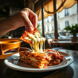 A serene scene of a cozy cafe in Paris, capturing a close-up of a hand reaching for a slice of lasagna