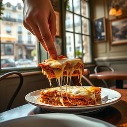 A serene scene of a cozy cafe in Paris, capturing a close-up of a hand reaching for a slice of lasagna