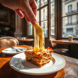 A serene scene of a cozy cafe in Paris, capturing a close-up of a hand reaching for a slice of lasagna