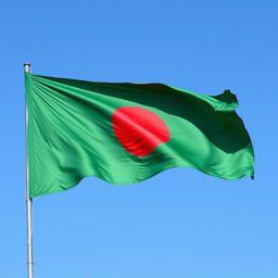 A vivid representation of the flag of Bangladesh, featuring a green field symbolizing the lush nature of the country and a red circle in the center representing the blood of those who lost their lives in the struggle for independence