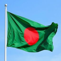 A vivid representation of the flag of Bangladesh, featuring a green field symbolizing the lush nature of the country and a red circle in the center representing the blood of those who lost their lives in the struggle for independence