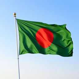 A vivid representation of the flag of Bangladesh, featuring a green field symbolizing the lush nature of the country and a red circle in the center representing the blood of those who lost their lives in the struggle for independence