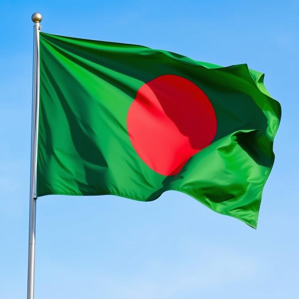 A vivid representation of the flag of Bangladesh, featuring a green field symbolizing the lush nature of the country and a red circle in the center representing the blood of those who lost their lives in the struggle for independence