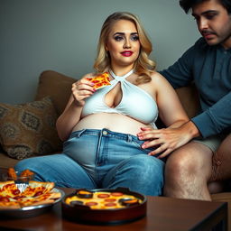 A beautiful, curvy 18-year-old blonde girl with a thin face and large round soft breasts is seated on a couch, embodying both sexiness and sweetness