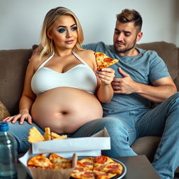 A beautiful, curvy 18-year-old blonde girl with a thin face and large round soft breasts is seated on a couch, embodying both sexiness and sweetness