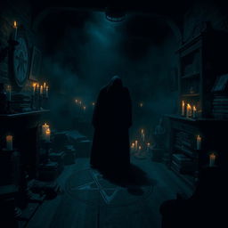 A dark and atmospheric scene inspired by a horror film, featuring a shadowy figure in a dimly lit room filled with occult symbols and artifacts