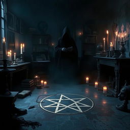 A dark and atmospheric scene inspired by a horror film, featuring a shadowy figure in a dimly lit room filled with occult symbols and artifacts