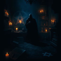 A dark and atmospheric scene inspired by a horror film, featuring a shadowy figure in a dimly lit room filled with occult symbols and artifacts
