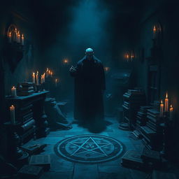 A dark and atmospheric scene inspired by a horror film, featuring a shadowy figure in a dimly lit room filled with occult symbols and artifacts