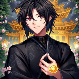 A captivating light novel cover featuring a male character with shaggy black hair that frames his face, enhancing his enigmatic aura