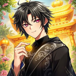 A captivating light novel cover featuring a male character with shaggy black hair that frames his face, enhancing his enigmatic aura