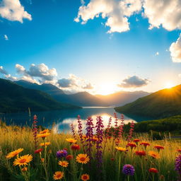 A stunning landscape featuring a clear blue sky with fluffy white clouds, a serene lake reflecting the scenery, surrounded by lush green mountains