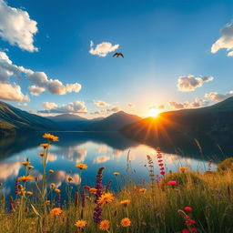 A stunning landscape featuring a clear blue sky with fluffy white clouds, a serene lake reflecting the scenery, surrounded by lush green mountains