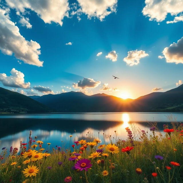 A stunning landscape featuring a clear blue sky with fluffy white clouds, a serene lake reflecting the scenery, surrounded by lush green mountains